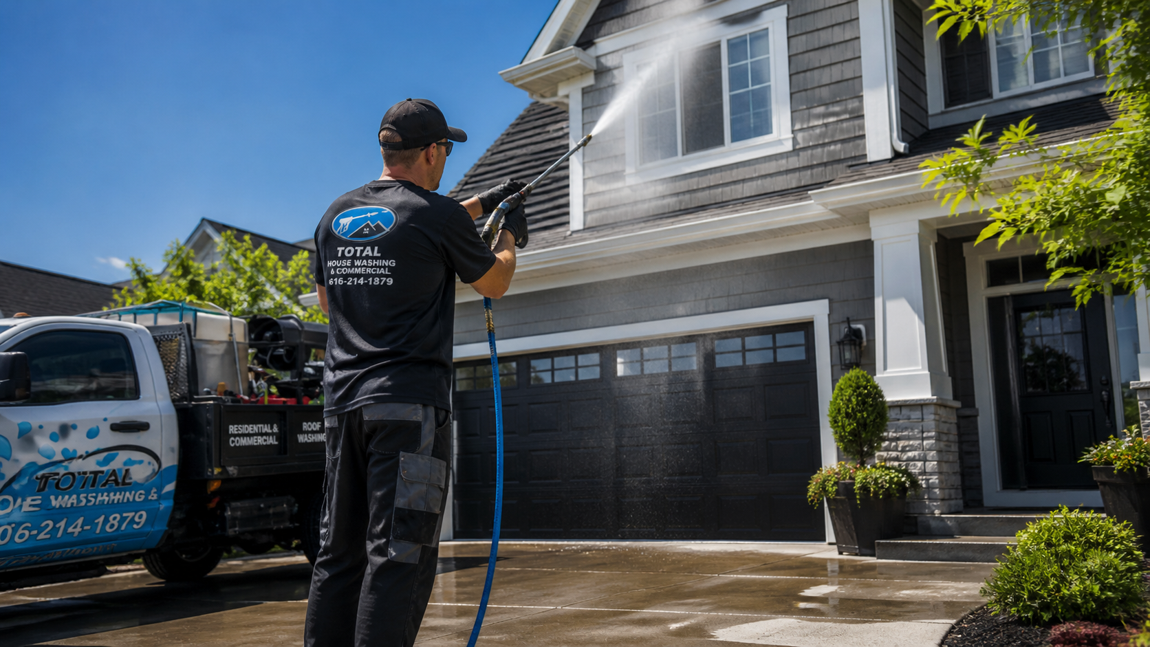 Worker pressure washing house exterior