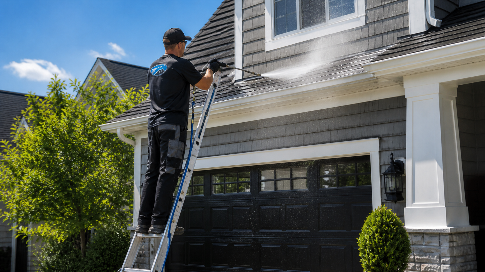 Roof cleaning on ladder